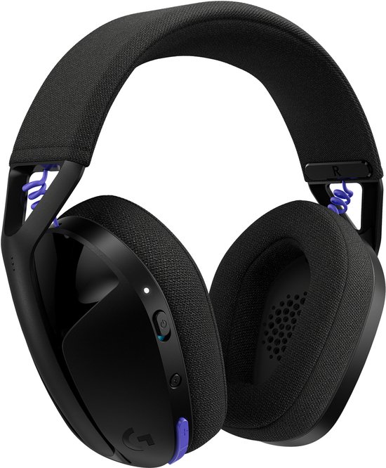 Zwarte Logitech G gaming headset met paarse details, van voren gezien, op witte achtergrond.