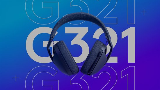 Zwarte Logitech G gaming headset met paarse details, deels gedraaid, geïsoleerd op een blauw/paarse achtergrond.