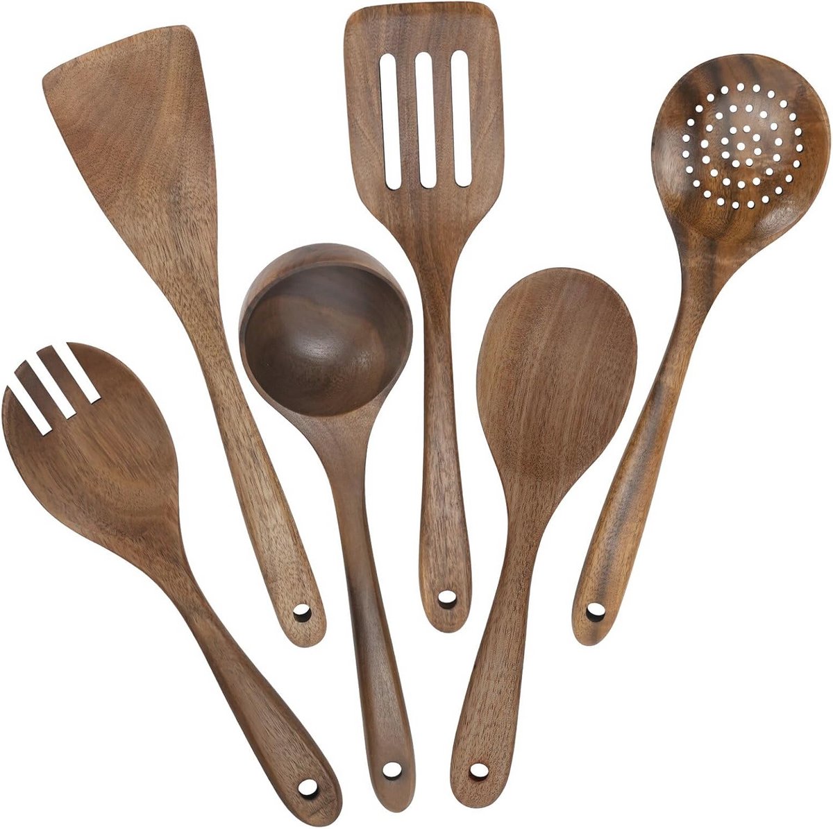 Set van 6 Houten Keukengerei - Kooklepel, Spatel, Roerlepel en Meer