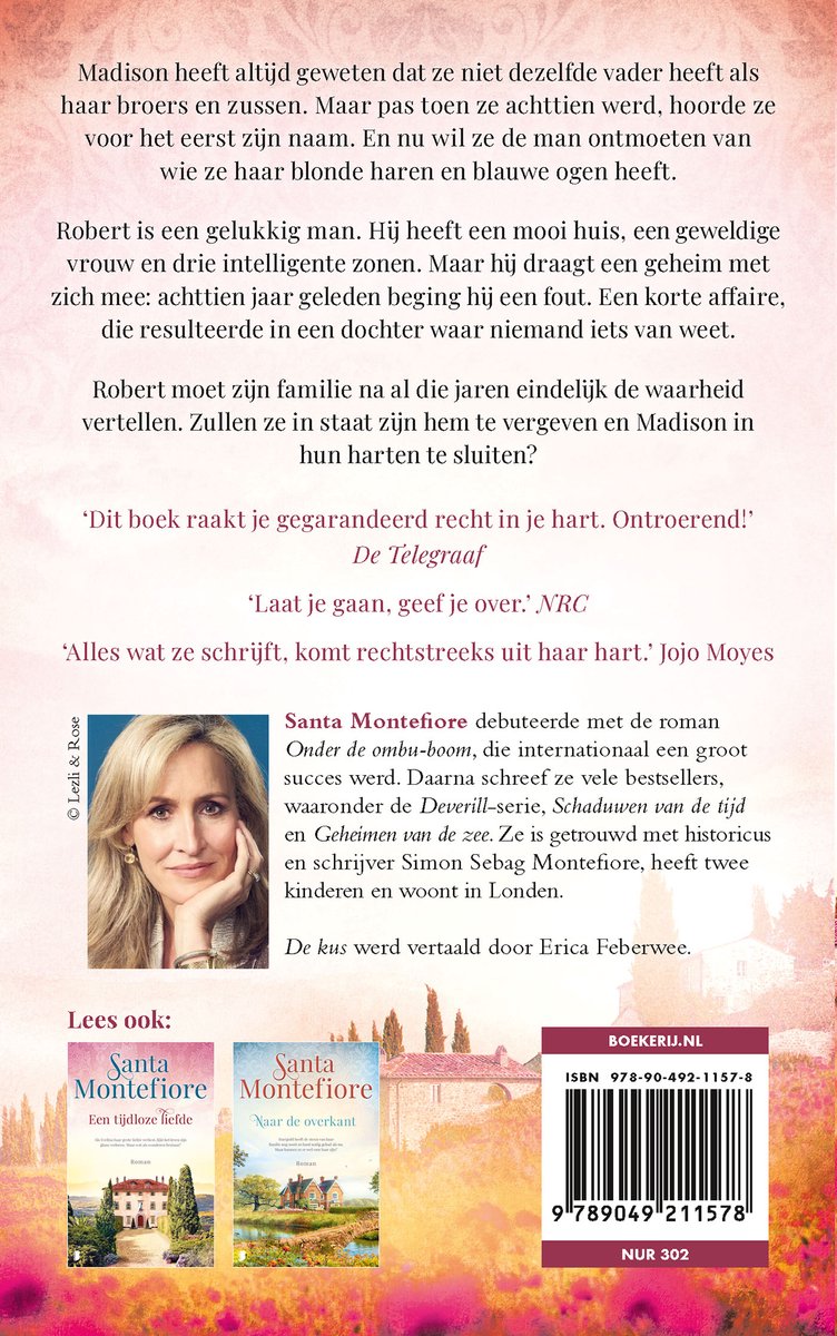 Boekcover met een portret van de auteur en de beschrijving van het boek 'De kus'.