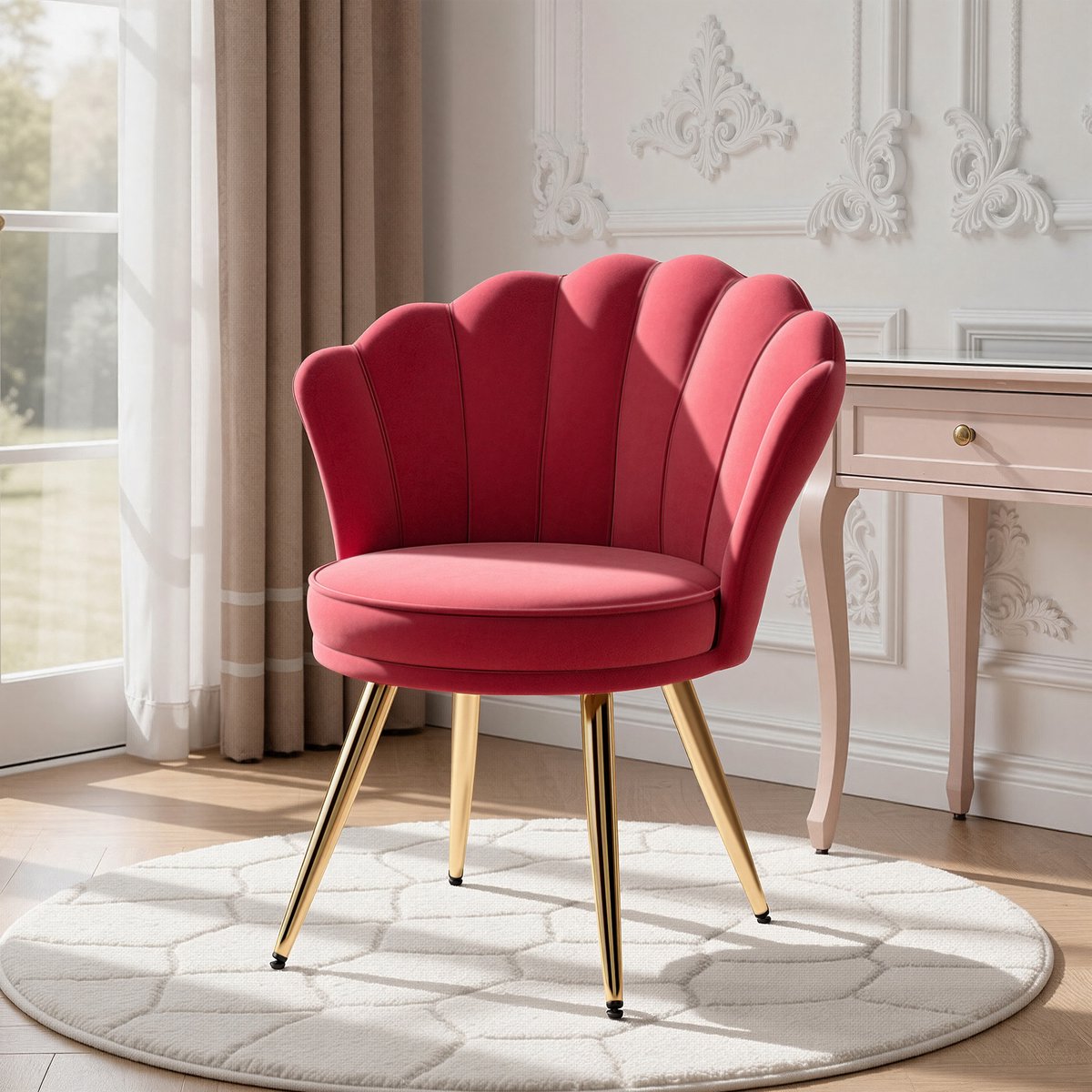 Moderne Accentstoel Fluweel, Gestoffeerde Fauteuil met Gouden Metalen Poten, Elegante Kaptafelstoel voor Woonkamer, Slaapkamer of Make-uphoek – Rood