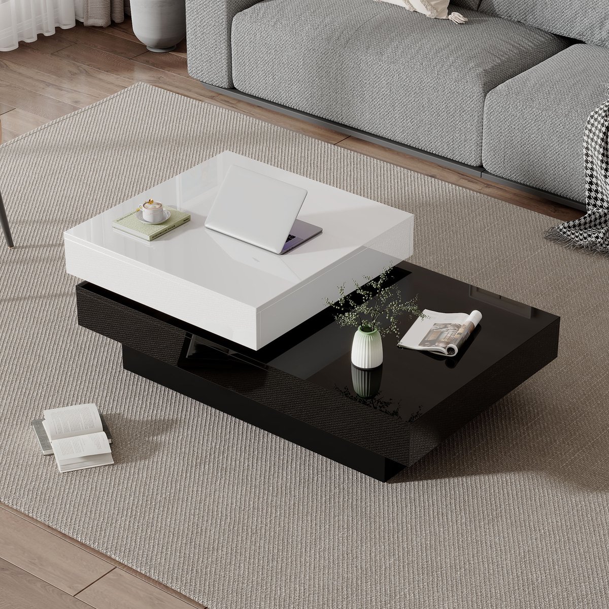 Draaibare salontafel - zwart-witte stikselontwerp - moderne minimalistische stijl - glanzend oppervlak