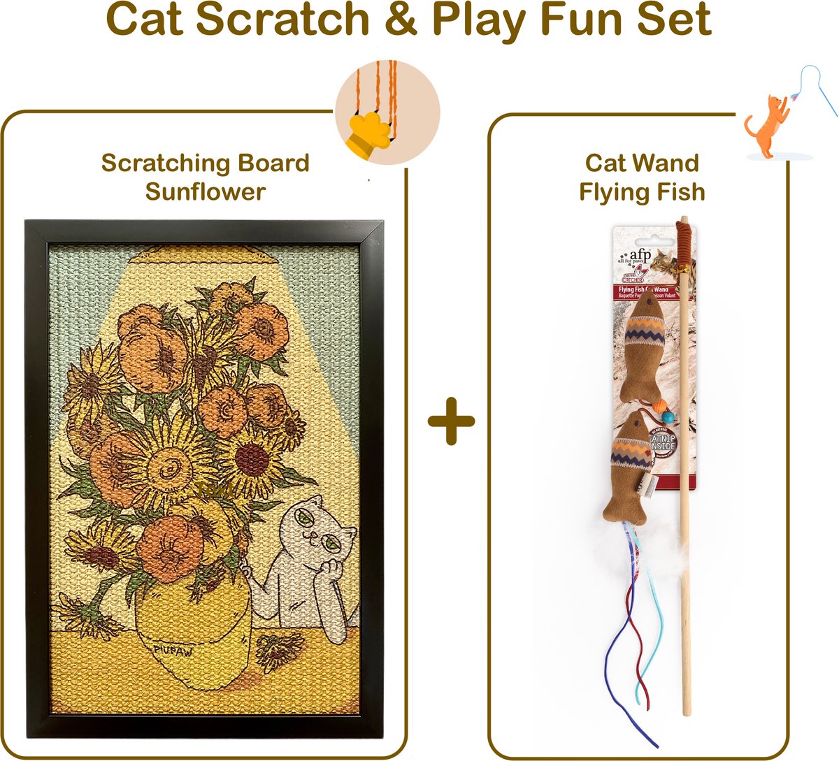 Cat Scratch & Play Fun Set - Sunflower Cat Wall Art Scratching Board (No Nails Install / Long Lasting) & Cat Wand Flying Fish (with Feather Bead Bell Catnip) / Planche Murale Chat / Krabplank Sisal / Krabplanken Muur / KerstCadeau Christmas Gift