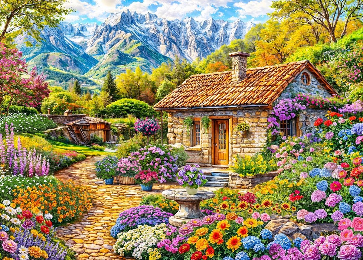 Puzzel 1000 Stukjes voor Volwassenen: Kleurrijke Bloemen en Prachtig Huis Landschap