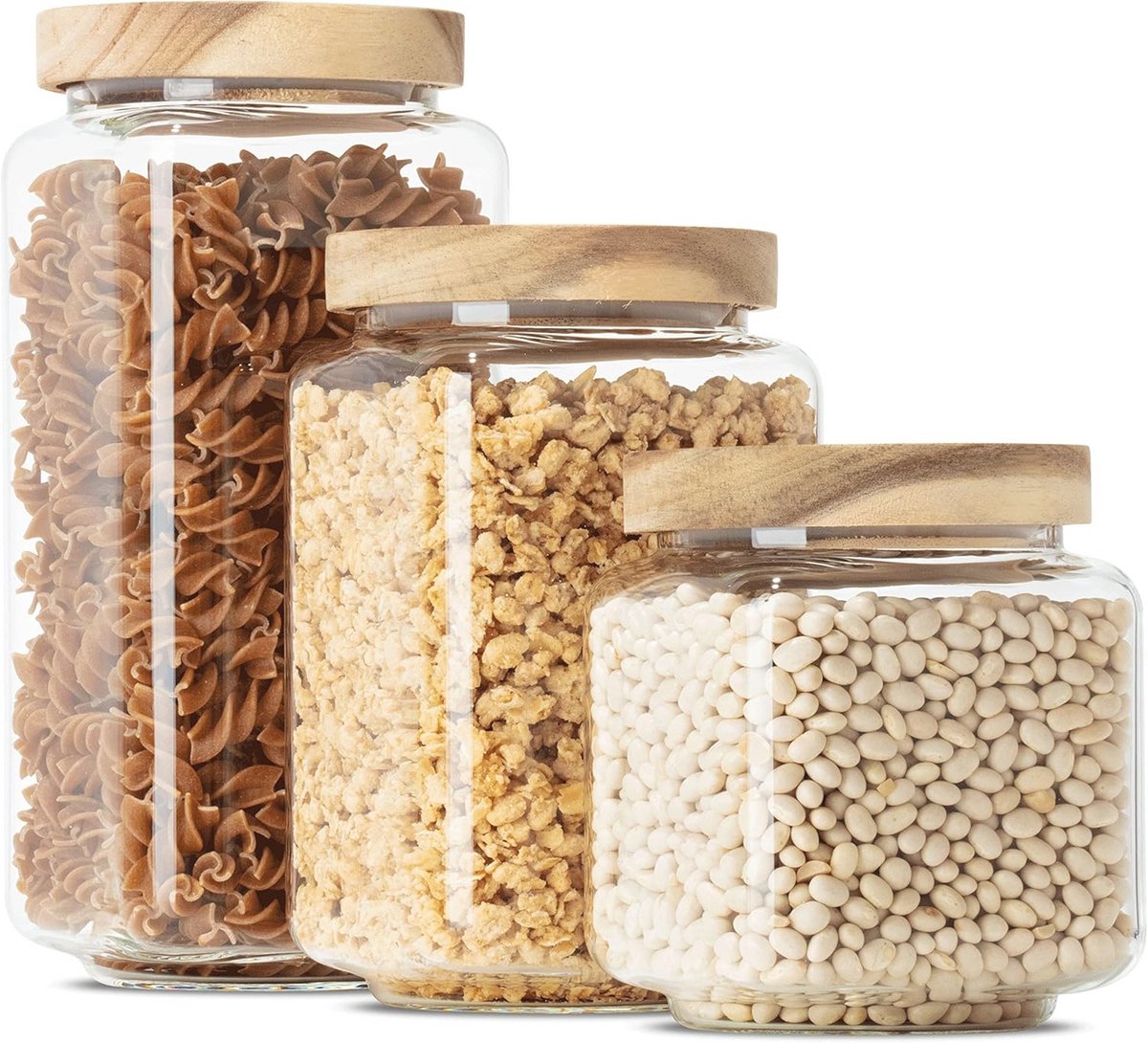 Set van 3 Vierkante Glas Voorraadpotten - Luchtdicht en Stapelbaar (1200ml, 900ml, 600ml)