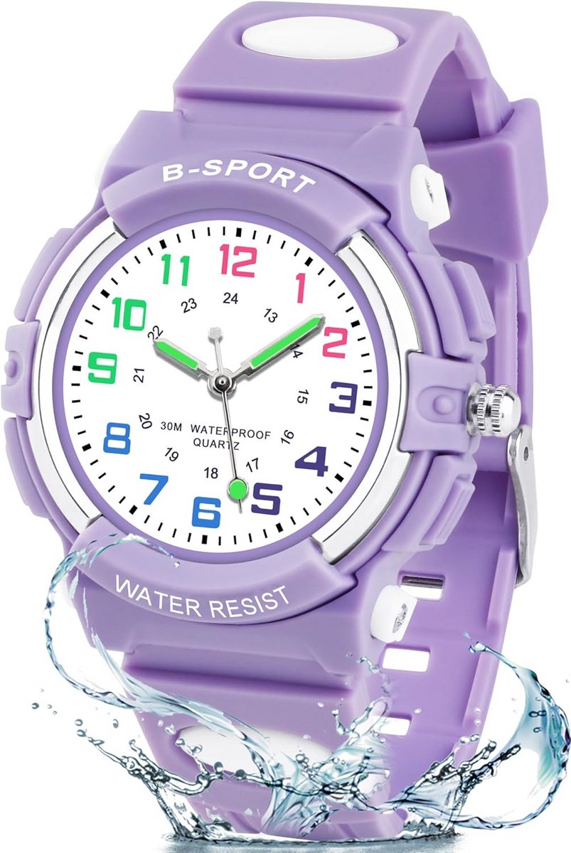 Kinderhorloge Analoge Kwartz 3 ATM Waterdicht Luminovs Handen TPU Armband voor Jongens en Meiden 5-16 Jaar Paars