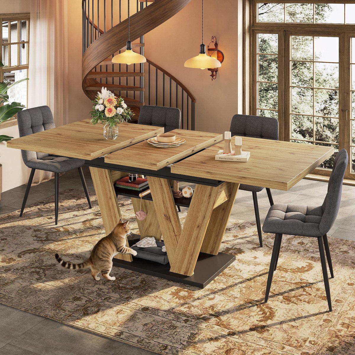 Sweiko Eettafel - Uitschuifbaar 158 cm - Houtafwerking - V-poot - Zwart + Natuurlijke