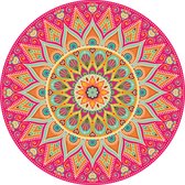 Een rond vloerkleed met een levendig mandala-ontwerp met patronen in roze, oranje, geel en turkoois.