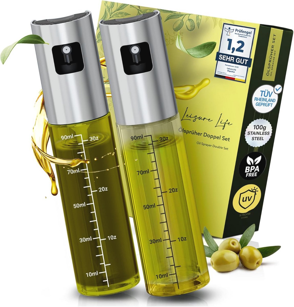 2 Stuks Oliesproeiers - Roestvrijstalen Coating - UV-glas - BPA-vrij - Olieverstuiver 100 ml