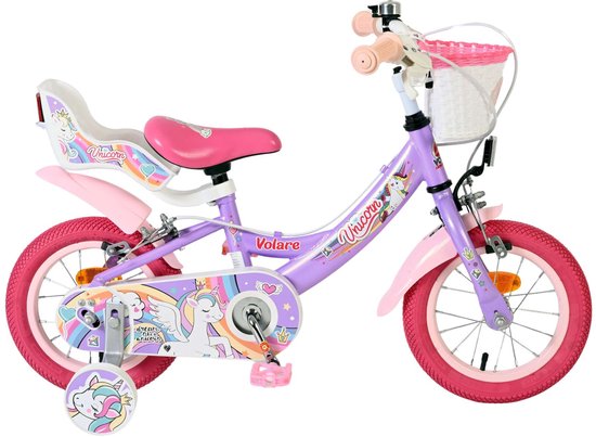 Paarse kinderfiets met roze banden, stuurmandje, zadel, zijwieltjes, 'Volare' en 'Unicorn' opdruk.