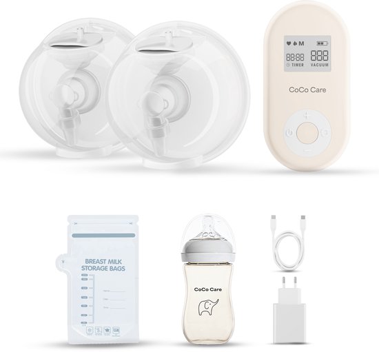 CoCo Care® Flow Max 2026 - Draagbare Draadloze Handsfree Borstkolf - Dubbele Elektrische Oplaadbare Borstkolf - Fluisterstil <40dB - USB-C Oplaadbaar - 4 Flensmaten - Inclusief PPSU Babyfles & 30 Melkbewaarzakjes - Beige