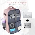Roze FOXLY reizen rugzak met apart laptopcompartiment, vakken voor tablet en telefoon.
