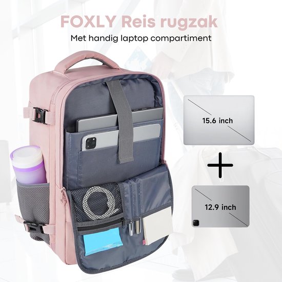 Roze FOXLY reizen rugzak met apart laptopcompartiment, vakken voor tablet en telefoon.