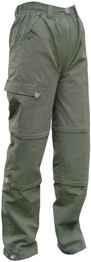 Pantalon outdoor vert kaki convertible, avec boutons-pression et poches à rabat.