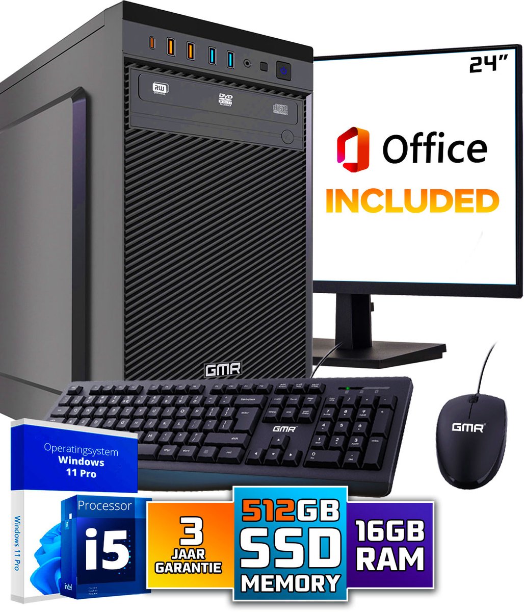 Intel Ultra Compleet Desktop PC | Intel Core i5 | 16 GB RAM | 512GB SSD M.2 | DVD+RW | Windows 11 Pro | Inclusief 24" Monitor, Muis & Toetsenbord en Microsoft Office!
