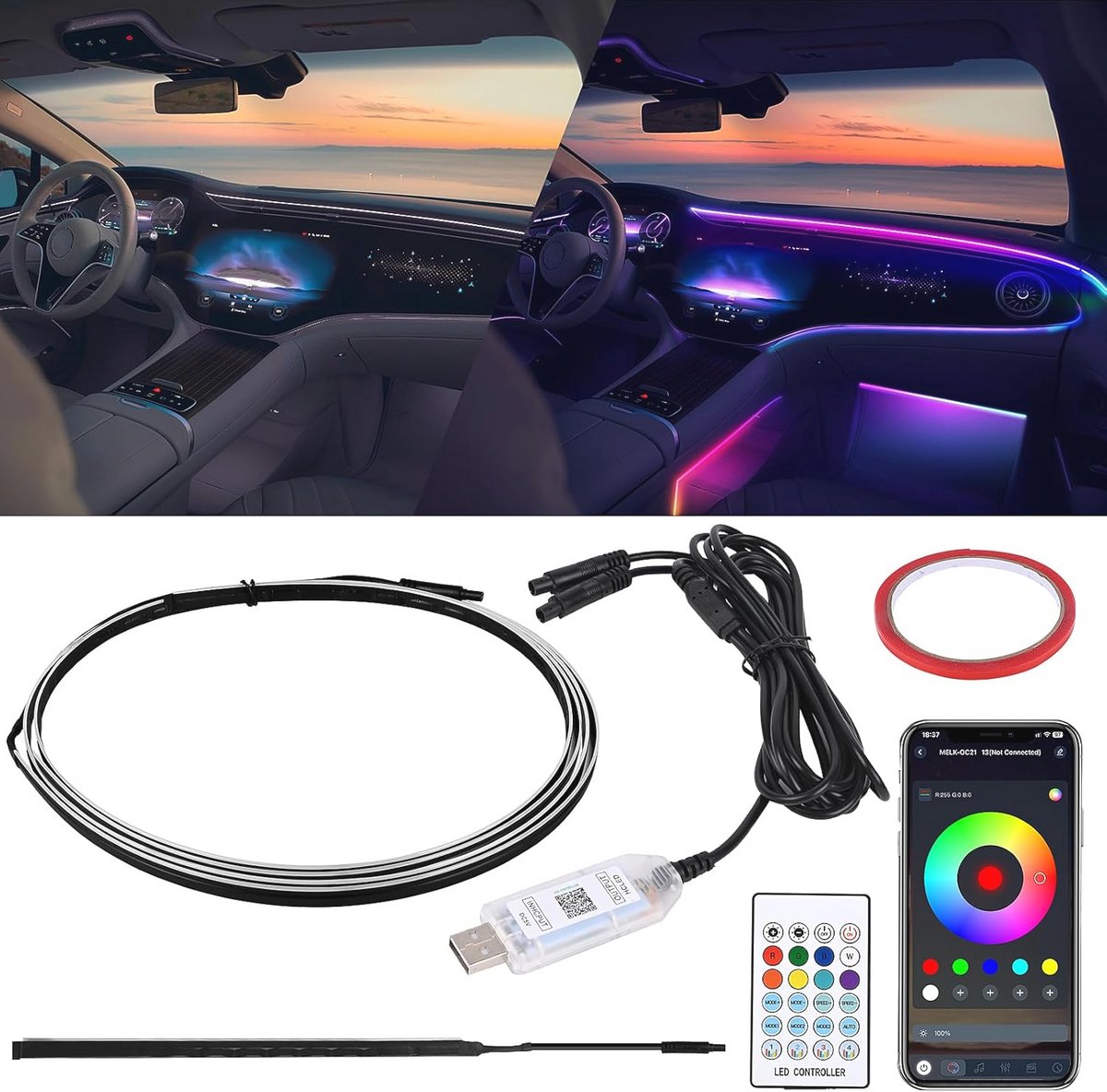 Led binnenverlichting voor auto met RGB sfeerverlichting - 3 Controlemethoden, USB Neonlicht Strip