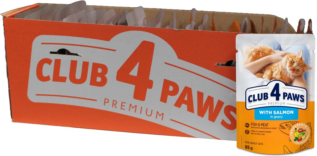 Natvoer Katten CLUB 4 PAWS - Zalm in Saus - 24x85g, Volwassen Katten, Vrij van Conserveermiddelen