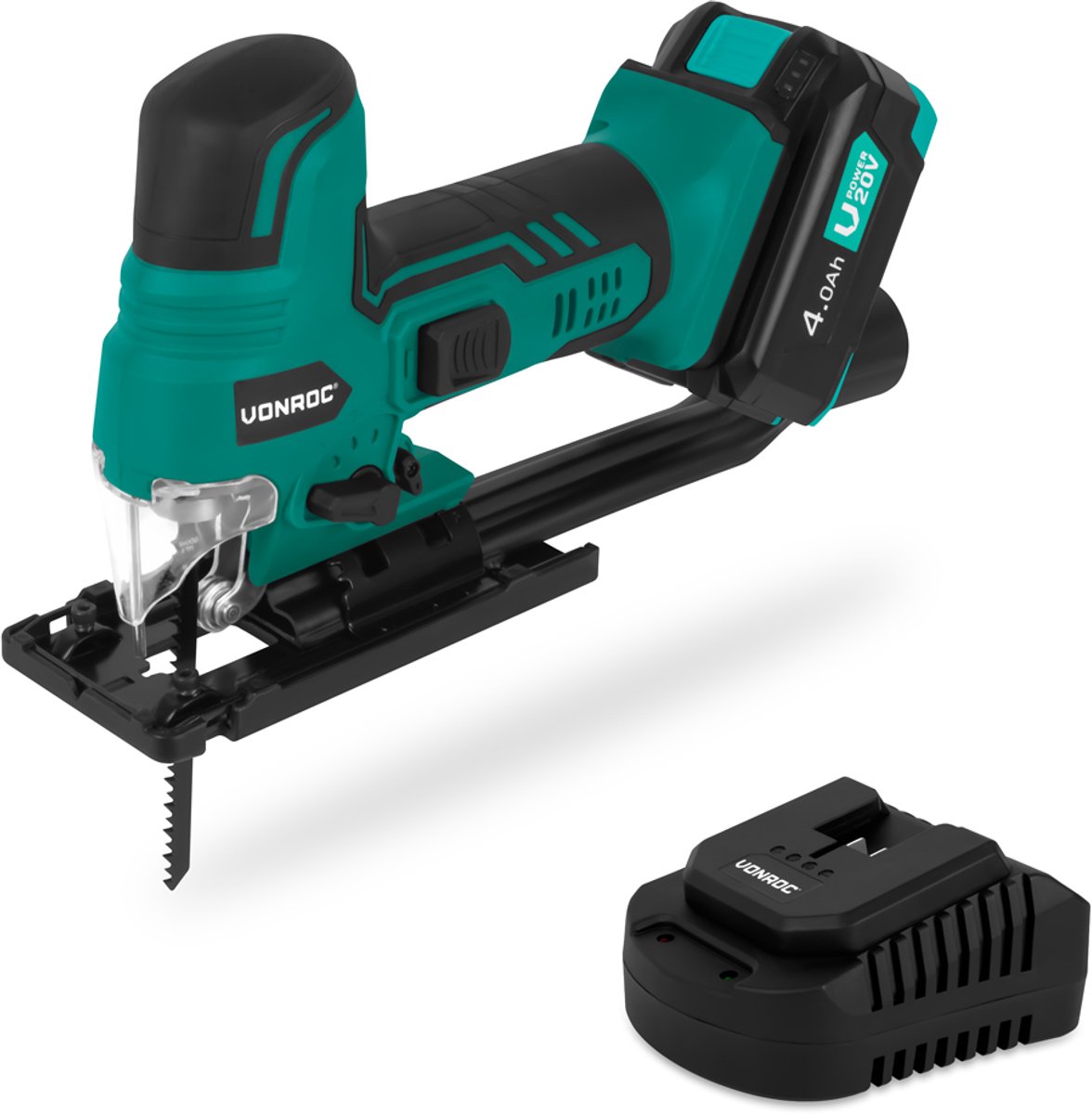 VONROC decoupeerzaag 20V – Ergonomische T-handgreep – Instelbare snelheid, pendelstand & zaaghoek – Incl. twee zaagbladen - Incl. 4.0Ah accu en een snellader