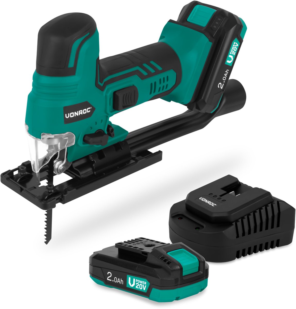 VONROC decoupeerzaag 20V – Ergonomische T-handgreep – Instelbare snelheid, pendelstand & zaaghoek – Incl. twee zaagbladen - Incl. 2x 2.0Ah accu en een snellader