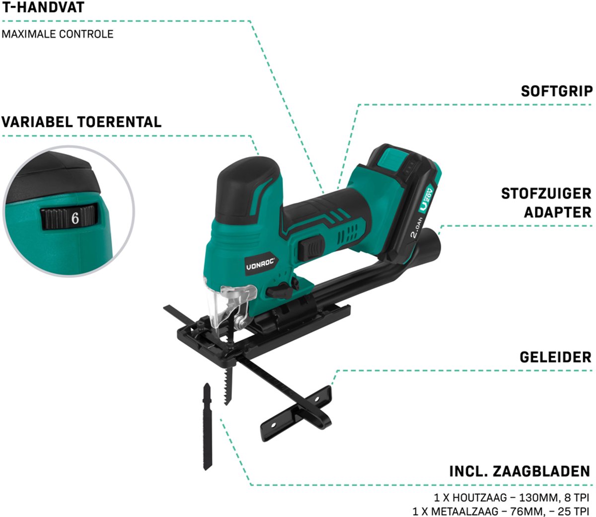 VONROC decoupeerzaag 20V – Ergonomische T-handgreep – Instelbare snelheid, pendelstand & zaaghoek – Incl. twee zaagbladen - Incl. 2x 2.0Ah accu en een snellader – foto 3