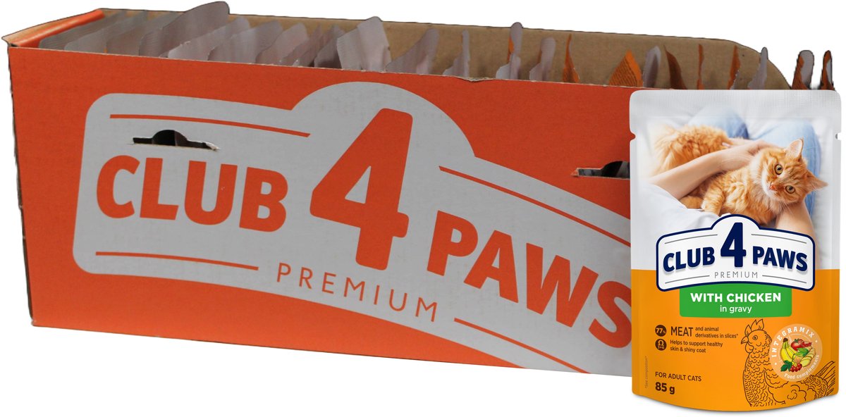 Natvoer Katten CLUB 4 PAWS - Kip in Jus - 24x85gr, Compleet Voeding met Omega 3 & 6