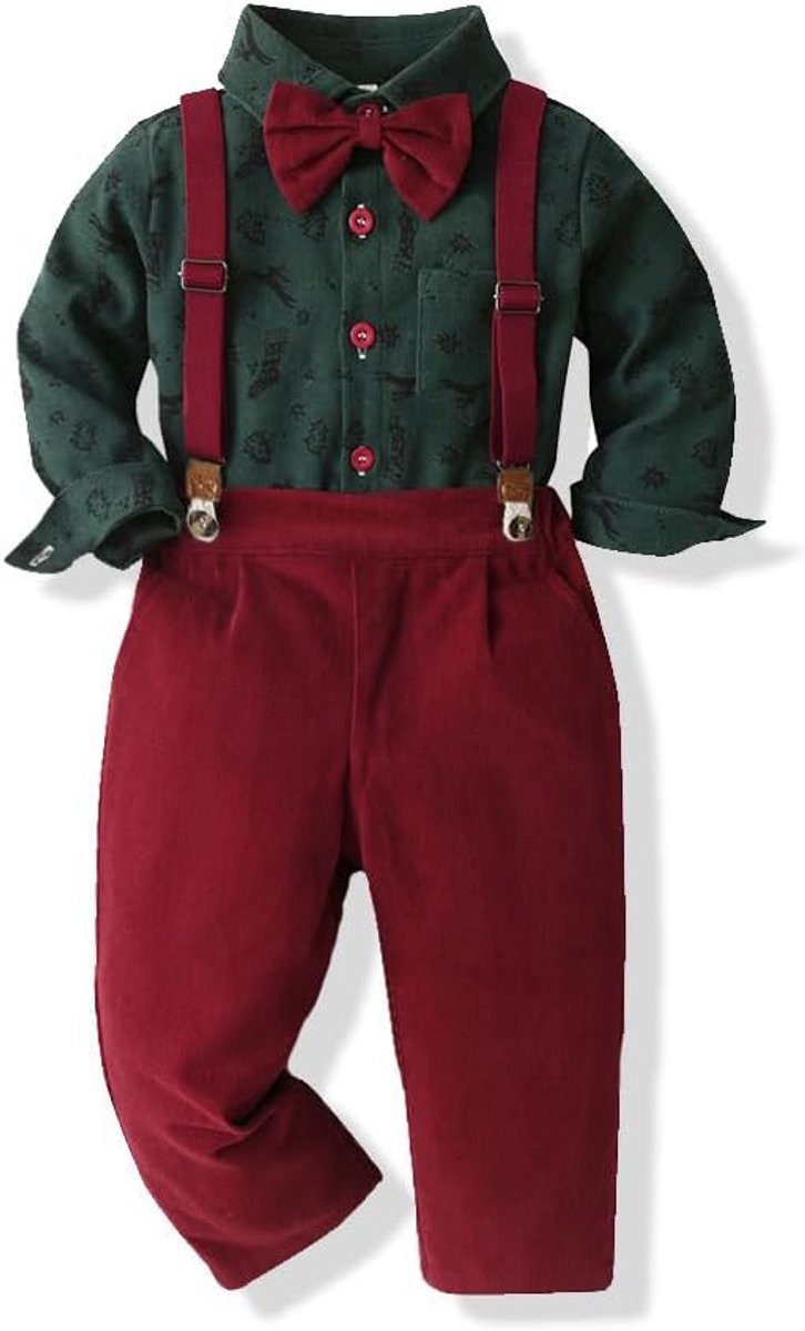 Kerstoutfit Jongen 3-delige Set: Overhemd, Stropdas en Broek met Bretels