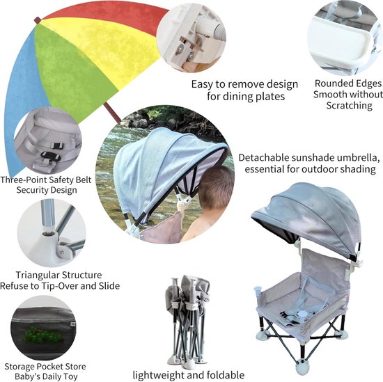 Allecta - Opvouwbare babyverhoger met zonnescherm - Draagbaar en draagbaar - Binnen en buiten - Kinderstoel voor peuters - Voeding en camping van Allecta — afbeelding 4