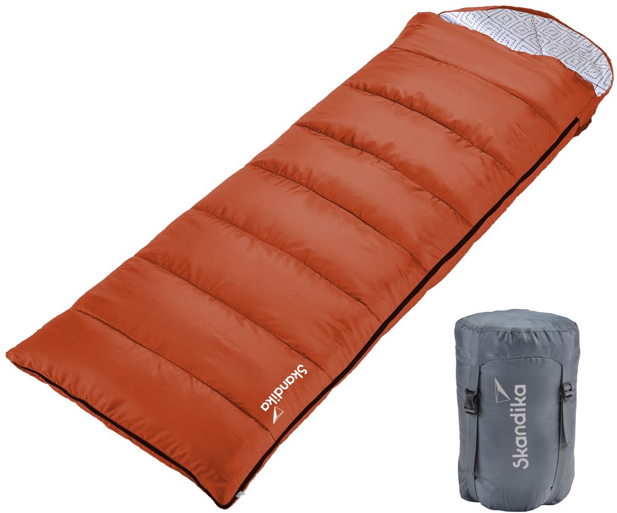 Skandika Iceland-L Slaapzak - Slaapzak – Slaapzakken volwassen – Unisex - Polykatoen, zachte binnenvoering, voor 2 personen, met draagtas, koppelbaar , tot 0 ° C / 3 ° C / 5 ° C - 220 x 80 cm -Outdoor kampeerslaapzak – Ritssluiting links – oranje