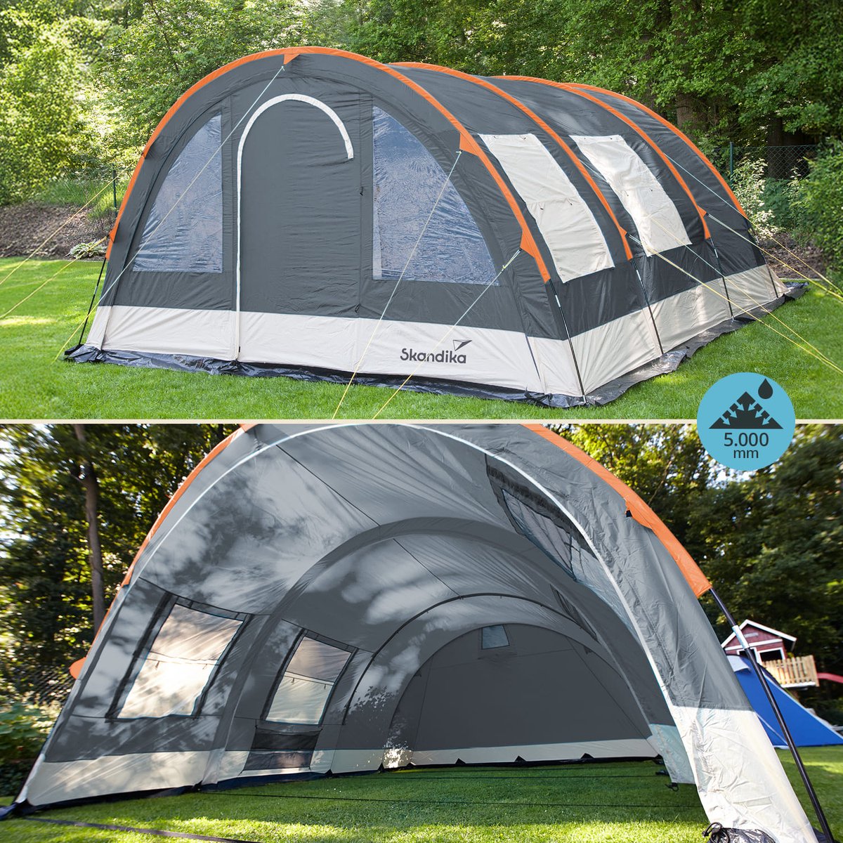 Skandika Helsinki Tent – Tenten – Familietent - Campingtent – Voor 6 personen – Tunneltent – 215 cm stahoogte - Muggengaas – 2 slaapcabines – 525 x 410 x 215 cm (L x B x H) - 5000 mm waterkolom – Outdoor, Camping, Tuin – Kamperen – grijs/oranje – foto 4