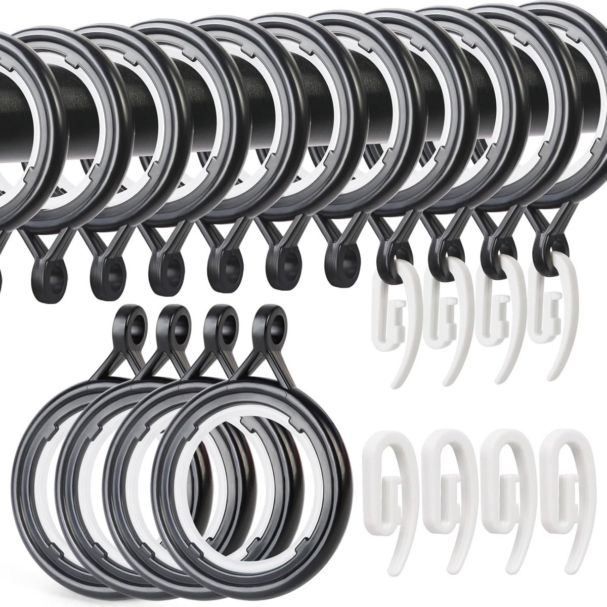 Gordijnringen en Haken Set - 48 Zwarte 30 mm Kunststof Ringen voor Gordijnen