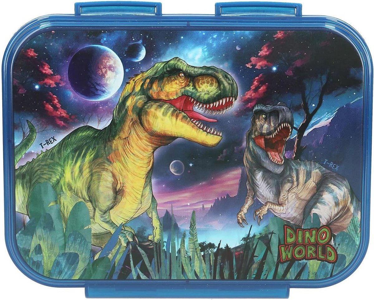 Dino Lunchbox - Donkerblauwe Snackbox met Ruimte- en Dino Motief, 3 Vakken