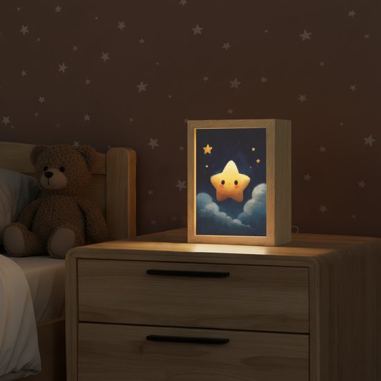 Nachtlampje 15x20 cm - Kinder lampje - Ster - Gezichtje - Nacht - Wolken - Tafellamp kinderkamer - Slaapkamer lamp - Bedlamp kinderen - Kinderlampje stopcontact - Wandlamp babykamer - Nachtlampjes van OnlyWow — afbeelding 2