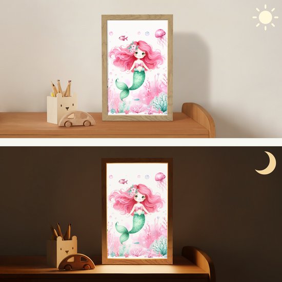 Nachtlampje 20x30 cm - Kinder lampje - Zeemeermin - Roze - Zeedieren - Onderwater - Tafellamp kinderkamer - Slaapkamer lamp - Bedlamp kinderen - Kinderlampje stopcontact - Wandlamp babykamer - Nachtlampjes van OnlyWow — afbeelding 4