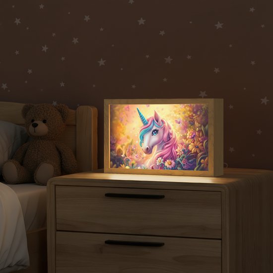 Nachtlampje 30x20 cm - Kinder lamp - Eenhoorn - Roze - Kleurrijk - Sprookjesbos - Tafellamp kinderkamer - Slaapkamer lamp - Bedlamp kinderen - Kinderlampje stopcontact - Wandlamp babykamer - Nachtlampjes van Little Dreamzzz. — afbeelding 2