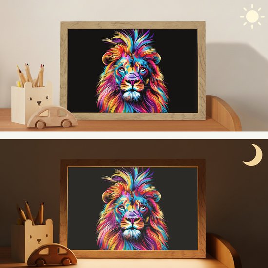 Nachtlampje 30x20 cm - Kinder lampje - Leeuwen - Kleurrijk - Zwart - Dieren - Tafellamp kinderkamer - Slaapkamer lamp - Bedlamp kinderen - Kinderlampje stopcontact - Wandlamp babykamer - Nachtlampjes van Merkloos — afbeelding 4