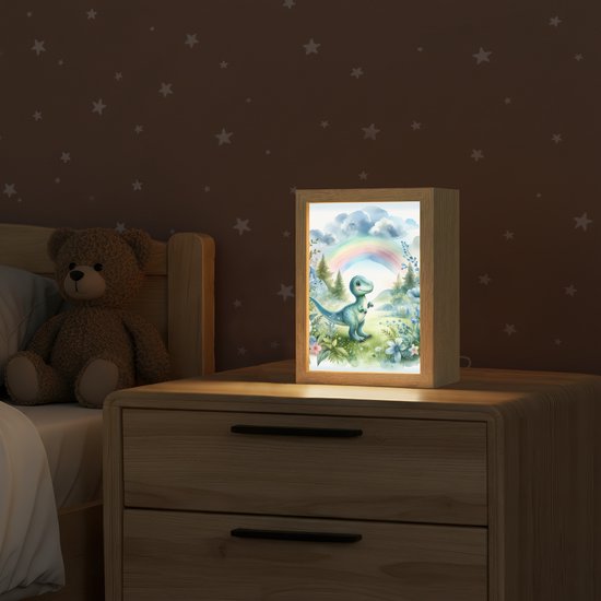 Nachtlampje 15x20 cm - Kinder lampje - Dino - Baby - Regenboog - Dinosaurus - Tafellamp kinderkamer - Slaapkamer lamp - Bedlamp kinderen - Kinderlampje stopcontact - Wandlamp babykamer - Nachtlampjes van OnlyWow — afbeelding 2