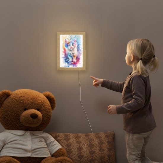 Nachtlampje 15x20 cm - Kinder lampje - Kat - Kleurrijk - Verf - Dier - Wit - Tafellamp kinderkamer - Slaapkamer lamp - Bedlamp kinderen - Kinderlampje stopcontact - Wandlamp babykamer - Nachtlampjes van OnlyWow — afbeelding 5