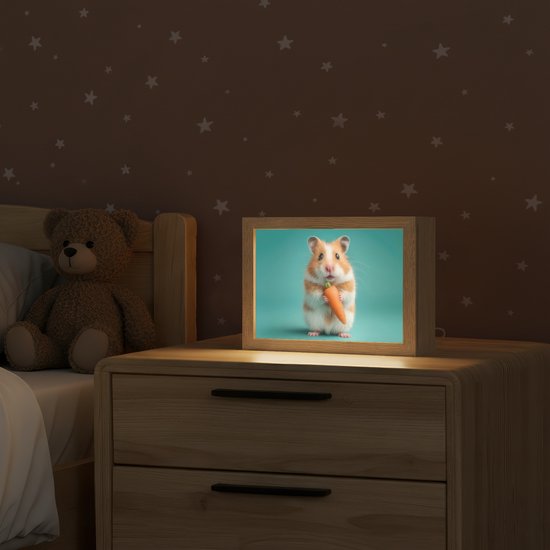 Nachtlampje 20x15 cm - Kinder lampje - Hamster - Wortel - Blauw - Tafellamp kinderkamer - Slaapkamer lamp - Bedlamp kinderen - Kinderlampje stopcontact - Wandlamp babykamer - Nachtlampjes van Merkloos — afbeelding 2