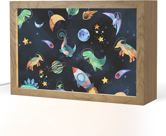 Nachtlampje 30x20 cm - Kinder lampje - Ruimte - Dino - Dinosaurus - Jongens - Tafellamp kinderkamer - Slaapkamer lamp - Bedlamp kinderen - Kinderlampje stopcontact - Wandlamp babykamer - Nachtlampjes