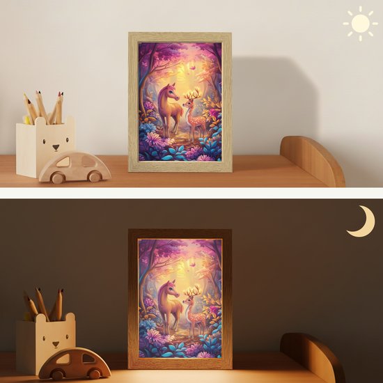 Nachtlampje 15x20 cm - Kinder lampje - Paard - Hert - Sprookjesbos - Paars - Tafellamp kinderkamer - Slaapkamer lamp - Bedlamp kinderen - Kinderlampje stopcontact - Wandlamp babykamer - Nachtlampjes van Merkloos — afbeelding 4