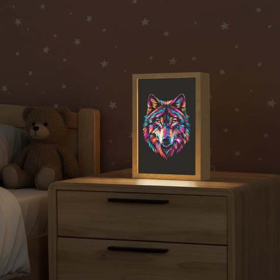 Nachtlampje 20x30 cm - Kinder lampje - Wolf - Kleurrijk - Zwart - Dieren - Neon - Tafellamp kinderkamer - Slaapkamer lamp - Bedlamp kinderen - Kinderlampje stopcontact - Wandlamp babykamer - Nachtlampjes van Merkloos — afbeelding 2