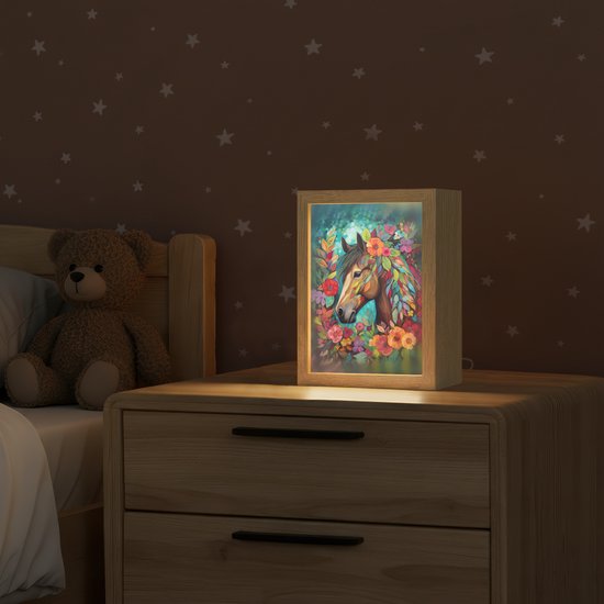 Nachtlampje 15x20 cm - Kinder lampje - Paard - Bloemen - Schilderij - Natuur - Verf - Tafellamp kinderkamer - Slaapkamer lamp - Bedlamp kinderen - Kinderlampje stopcontact - Wandlamp babykamer - Nachtlampjes van OnlyWow — afbeelding 2