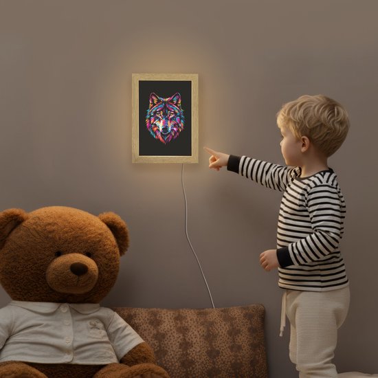 Nachtlampje 15x20 cm - Kinder lampje - Wolf - Kleurrijk - Zwart - Dieren - Neon - Tafellamp kinderkamer - Slaapkamer lamp - Bedlamp kinderen - Kinderlampje stopcontact - Wandlamp babykamer - Nachtlampjes van Merkloos — afbeelding 5