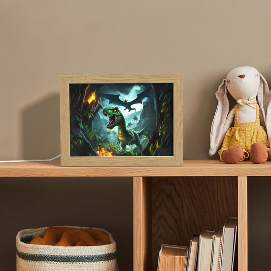 Nachtlampje 20x15 cm - Kinder lampje - Dinosaurus - Draak - Jungle - Groen - Tafellamp kinderkamer - Slaapkamer lamp - Bedlamp kinderen - Kinderlampje stopcontact - Wandlamp babykamer - Nachtlampjes van OnlyWow — afbeelding 3