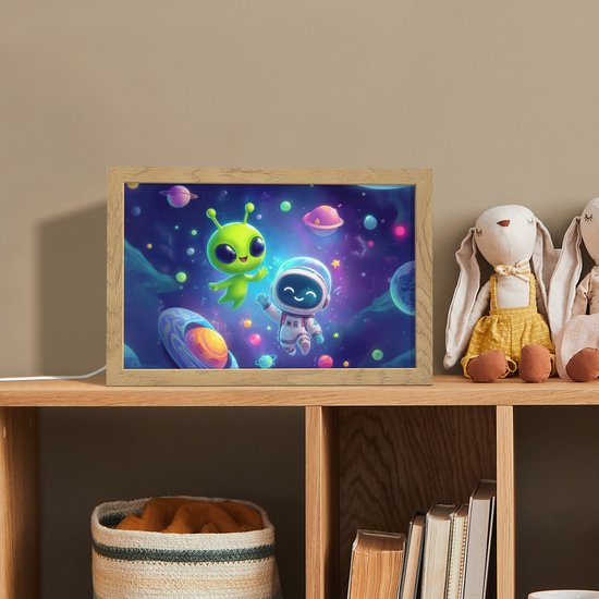 Nachtlampje 30x20 cm - Kinder lampje - Alien - Astronaut - Ruimte - Planeten - Tafellamp kinderkamer - Slaapkamer lamp - Bedlamp kinderen - Kinderlampje stopcontact - Wandlamp babykamer - Nachtlampjes van Merkloos — afbeelding 3