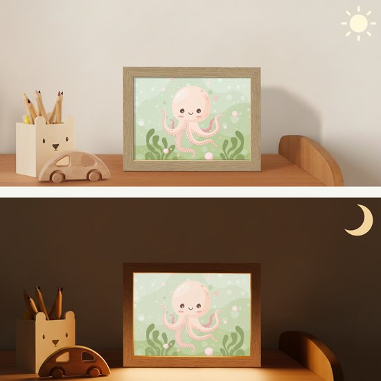 Nachtlampje 20x15 cm - Kinder lampje - Octopus - Zeedieren - Groen - Onderwater - Tafellamp kinderkamer - Slaapkamer lamp - Bedlamp kinderen - Kinderlampje stopcontact - Wandlamp babykamer - Nachtlampjes van OnlyWow — afbeelding 4