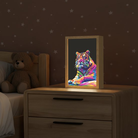 Nachtlampje 20x30 cm - Kinder lampje - Tijger - Kleurrijk - Dieren - Zwart - Neon - Tafellamp kinderkamer - Slaapkamer lamp - Bedlamp kinderen - Kinderlampje stopcontact - Wandlamp babykamer - Nachtlampjes van Merkloos — afbeelding 2