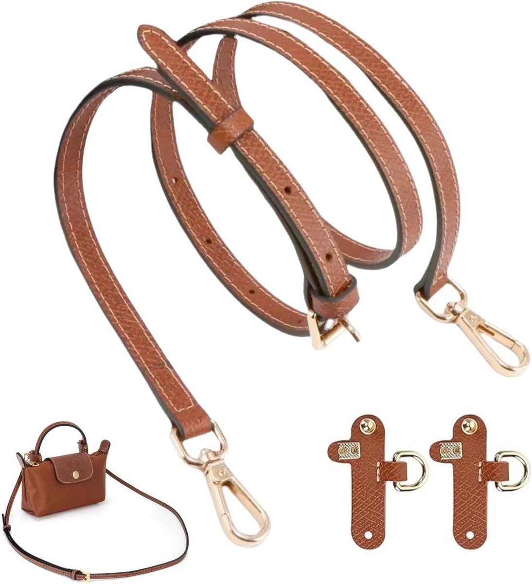 Lederen Schouderband voor Longchamp Mini Tas - Verstelbare Leren Schouderriem, 1.2 cm Breed, Bruin en Geel- Bruin