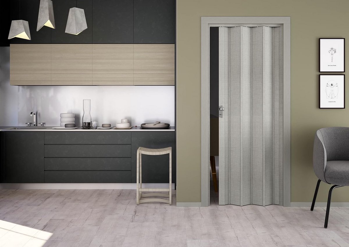 Inkortbare PVC Vouwdeur met Slot - Schokbestendig en Verstelbaar in Hoogte - 83x214 cm Grijs Structuur