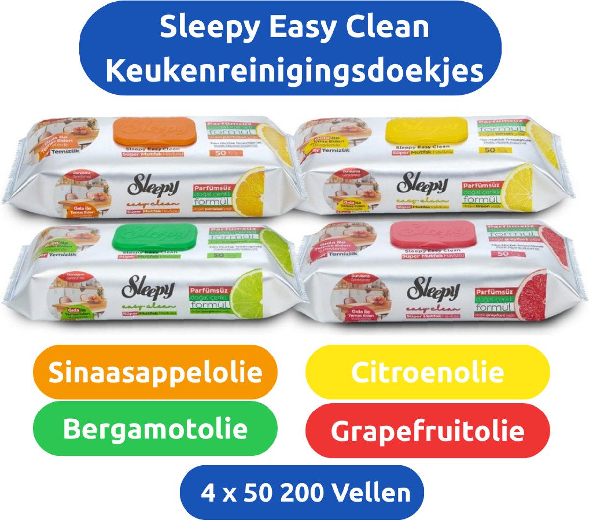 Sleepy Easy Clean Keukenreinigingsdoekjes met Grapefruitolie – Citroenolie - Sinaasappelolie - Bergamotolie 4 x 50 (200 Vellen)